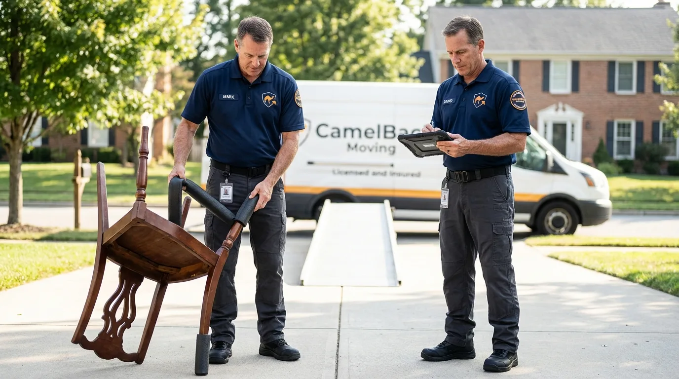 Movers inspecting furniture for damage prevention before loading in Miami, FL