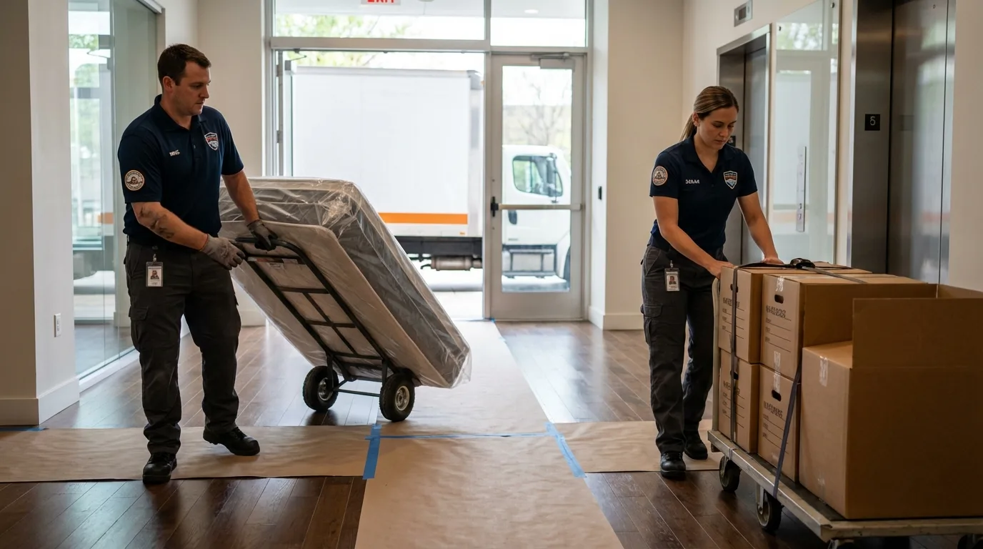 Professional apartment movers loading elevator in Miami, FL