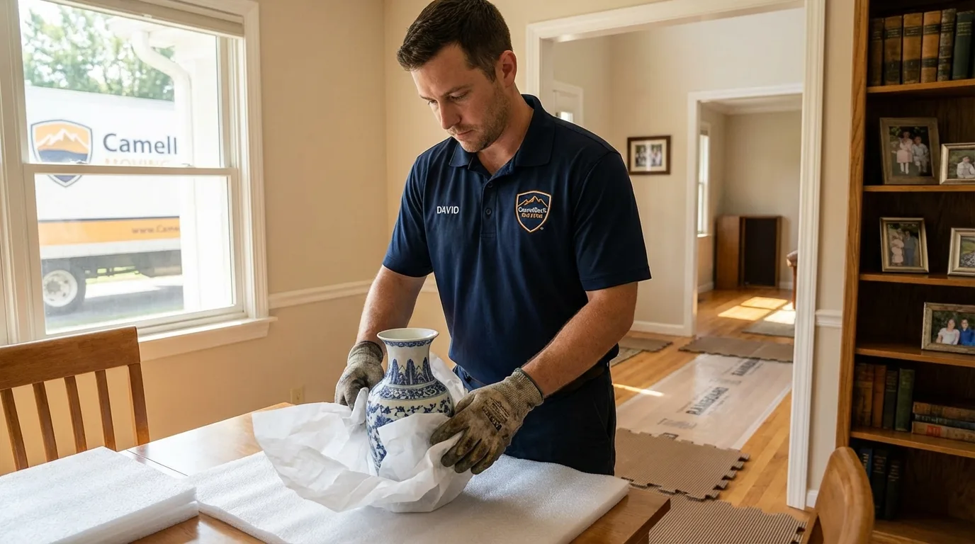 Professional crew carefully wrapping antique vase for senior downsizing move in Miami, FL